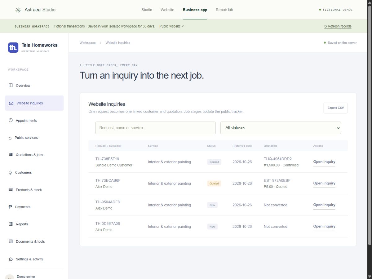 Fictional website inquiries linked to customer and quotation records in the Tala operations app