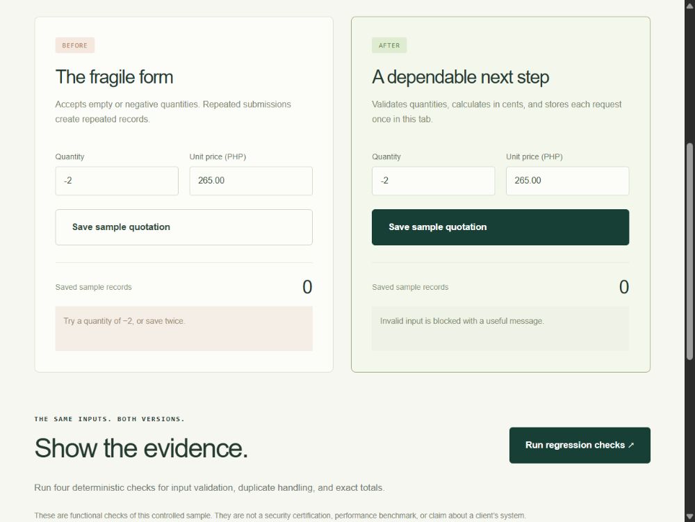 The repair lab's original demonstration interface for comparing a broken form with its repair