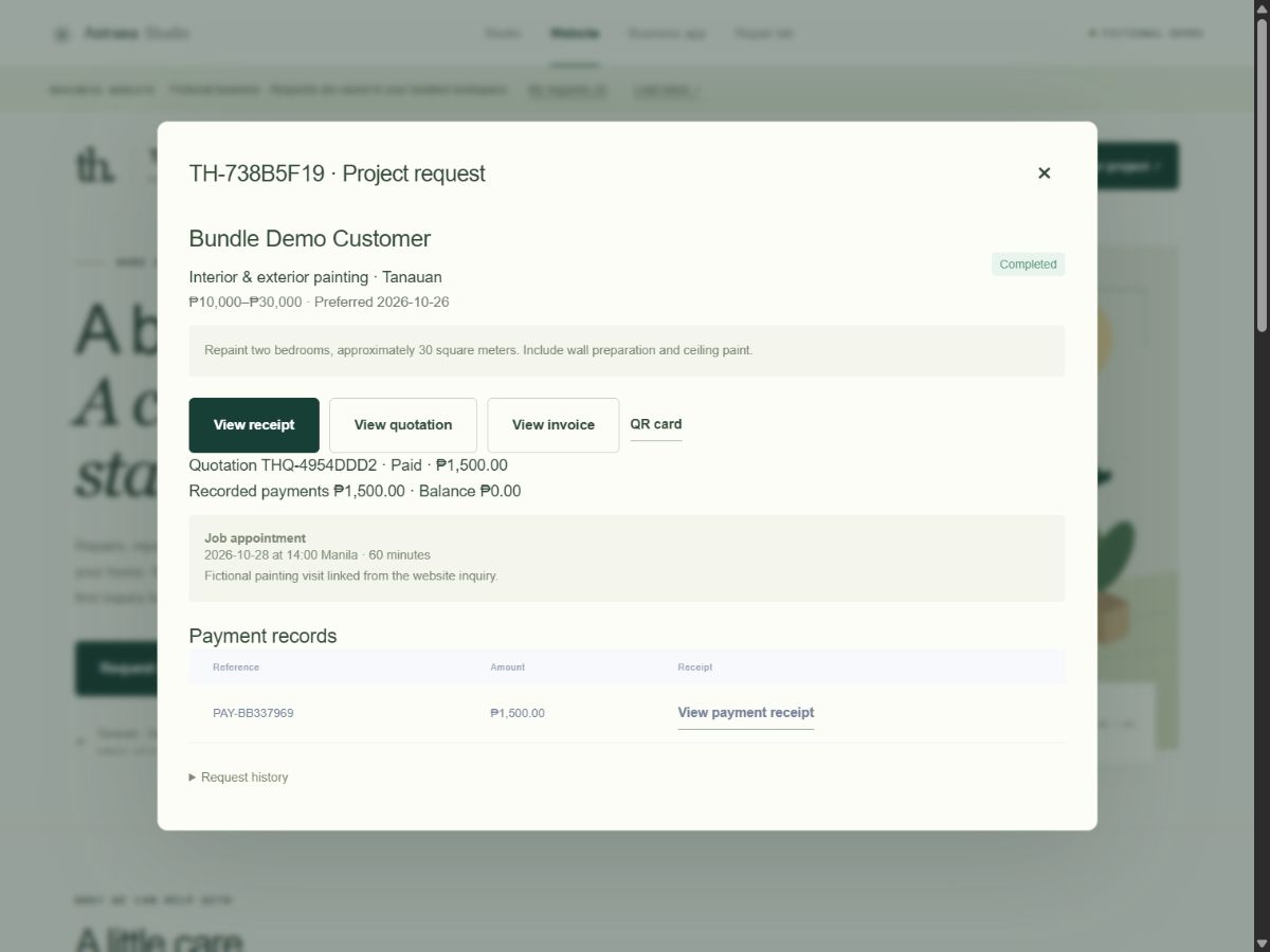 A fictional completed customer request with linked quotation, invoice, payment receipt, and zero balance