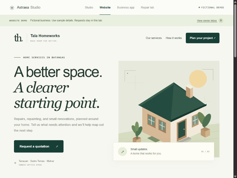 Tala Homeworks demo website with a services introduction and request-a-quotation button